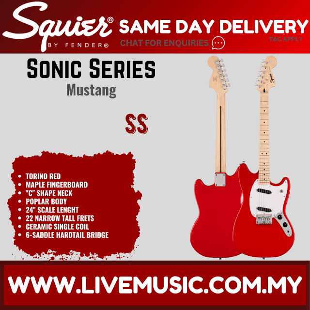 Squier Sonic Mustang Electric Guitar w/White Pickguard, Maple FB, Torino Red