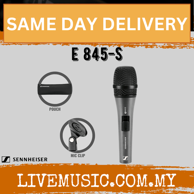 Sennheiser E 845-S Dynamic Supercardioid Vocal Microphone with On/Off Switch FREE Mic Cable (E845S/E-845S)