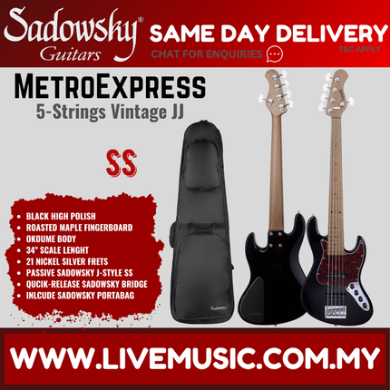 Sadowsky MetroExpress 21-fret Vintage JJ 5-String Bass Guitar, Maple FB, Black High Polish