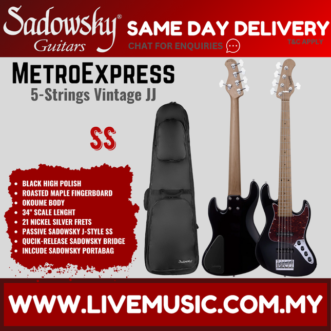Sadowsky MetroExpress 21-fret Vintage JJ 5-String Bass Guitar, Maple FB, Black High Polish