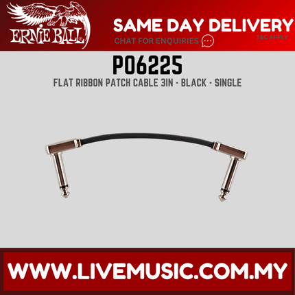 Ernie Ball 6225 Flat Ribbon Pedalboard Patch Cable, Right Angle to Right Angle, 3 Inch