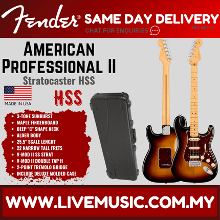 Fender American Professional II HSS Stratocaster Electric Guitar, Maple Fretboard - 3-Tone Sunburst