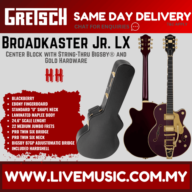 Gretsch Broadkaster Jr LX Center Block Guitar w/StringThru Bigsby & Gold Hardware, Blackberry