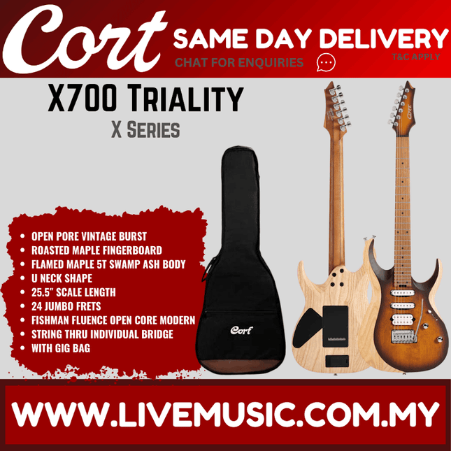 Cort X700 Triality Electric Guitar w/ Gig Bag, Roasted Maple Fingerboard - Open Pore Vintage Burst