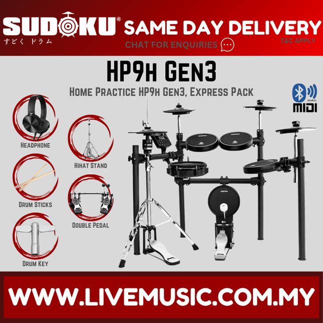Sudoku Home Practice HP9H Gen 3 Mesh Black Electronic Drum w/Single Pedal, Headphone And Drumstick ( HP-9 HP9 )