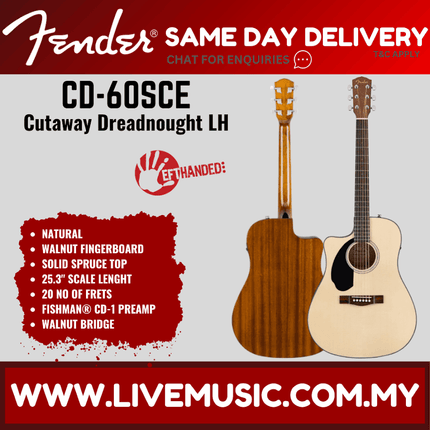 Fender CD-60SCE Dreadnought Left-Handed Acoustic-Electric Guitar, Walnut Fretboard - Natural (CD60SCE)