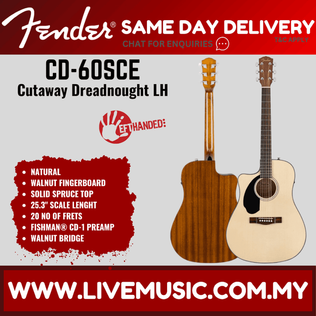 Fender CD-60SCE Dreadnought Left-Handed Acoustic-Electric Guitar, Walnut Fretboard - Natural (CD60SCE)
