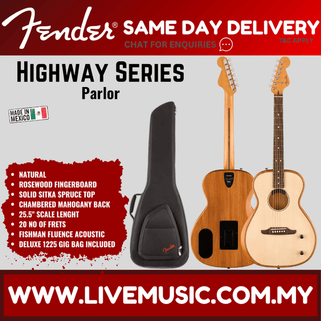 Parlor acoustic guitar with natural wood body and black padded gig bag