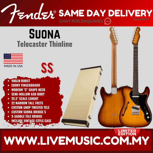 Fender Limited Edition American Suona Telecaster Thinline Electric Guitar, Ebony FB, Violin Burst