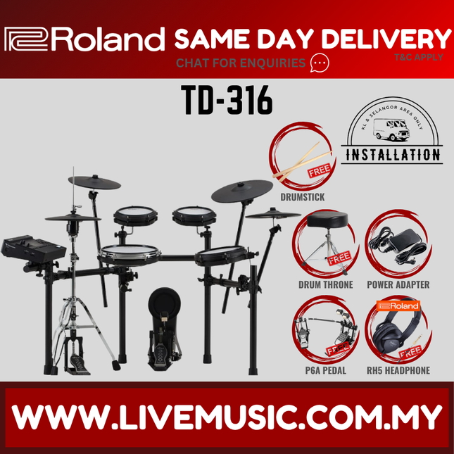 Roland TD-316 Electronic Digital Drum Set w/Double Pedal And Accessories ( TD316 TD 316 ) Replace TD17KVX2 TD-17KVX2