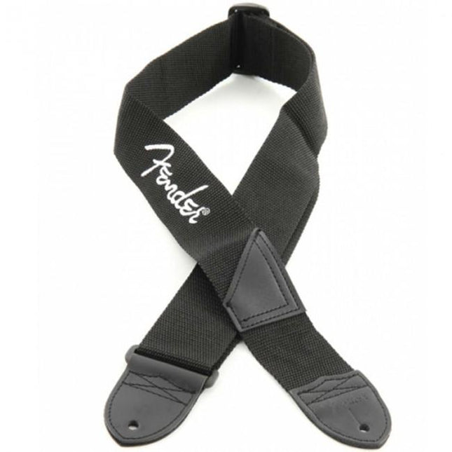 Black guitar strap with grey end pads and stitched Fender script logo