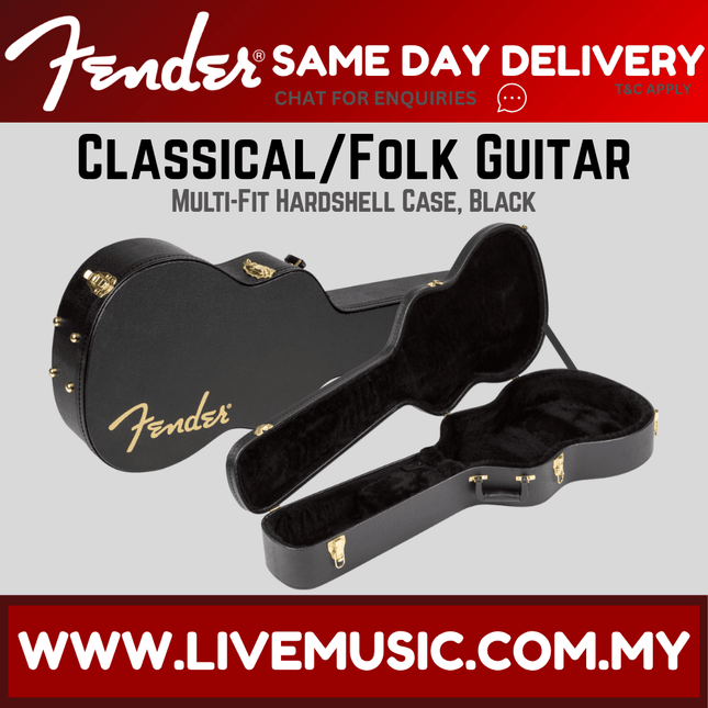 Black classical/folk guitar hardshell case with multi-fit padding and plush interior