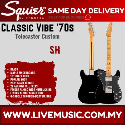 Squier Classic Vibe 70s Telecaster Custom Electric Guitar, Maple Fingerboard - Black