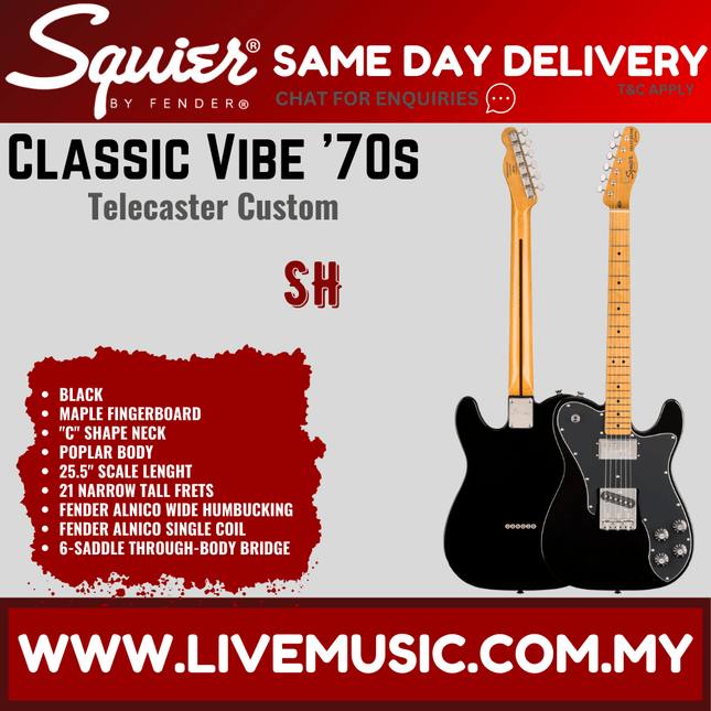 Squier Classic Vibe 70s Telecaster Custom Electric Guitar, Maple Fingerboard - Black