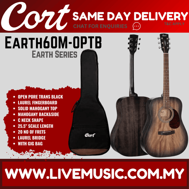 Cort Earth-60M Dreadnought Solid Top Acoustic Guitar With Bag - Open Pore Trans Black Burst ( Earth60M Earth 60M )