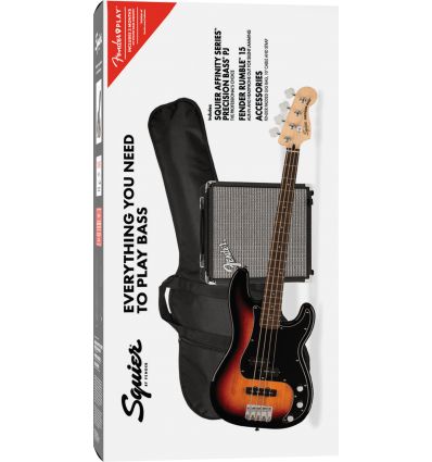 Squier Affinity Series PJ Bass Guitar Pack with Rumble 15 , Laurel Fretboard - 3-Color Sunburst