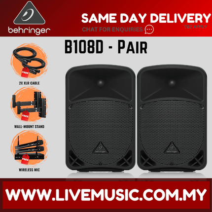 Behringer Eurolive B108D 300-Watt 8" Powered Speaker w/Wireless Mic, Speaker Stand and Cable - Each/Pair (B-108D B 108D)