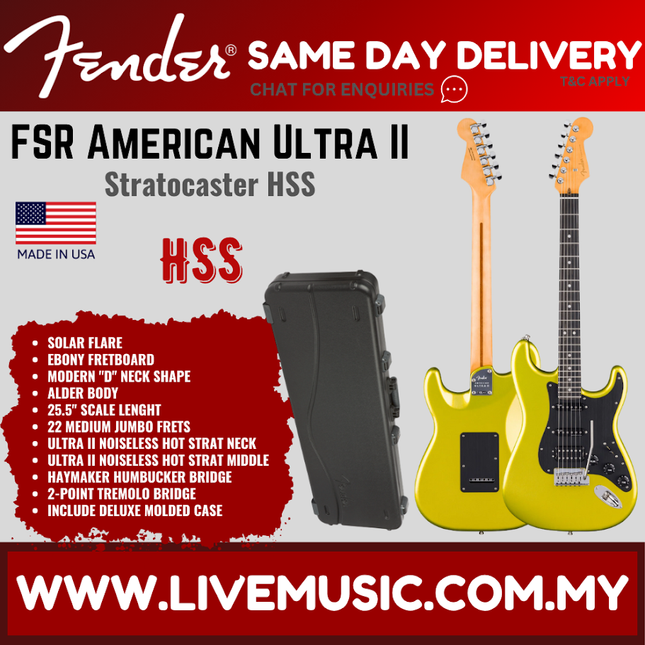 Fender FSR American Ultra II Stratocaster HSS Electric Guitar, Ebony FB, Solar Flare