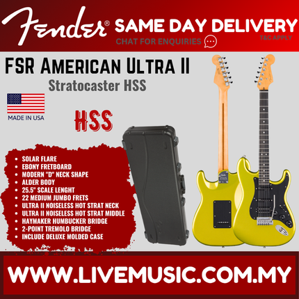 Fender FSR American Ultra II Stratocaster HSS Electric Guitar, Ebony FB, Solar Flare