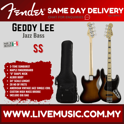 Fender Artist Geddy Lee Jazz Bass Guitar, Maple Fretboard 3-Ply White Pickguard with Gig Bag - 3 Tone Sunburst