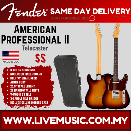 Fender American Professional II Telecaster Electric Guitar, Rosewood Fretboard - 3-Tone Sunburst