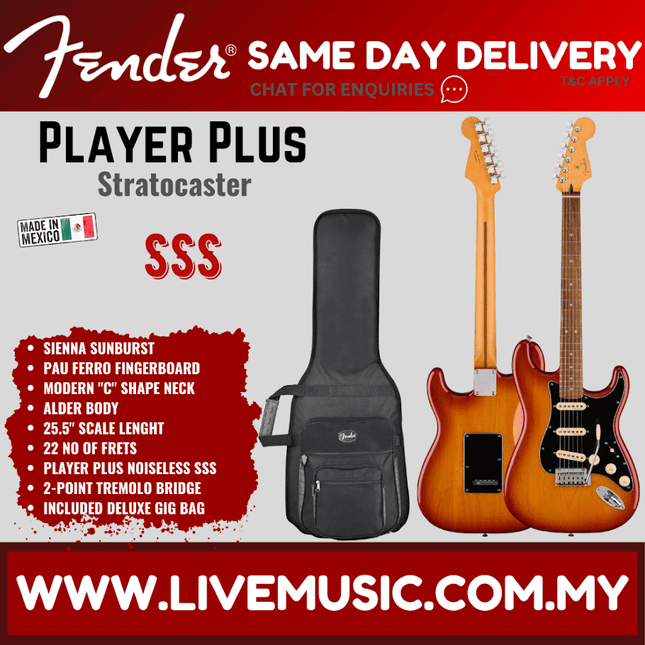 Fender Player Plus Stratocaster Electric Guitar, Pau Ferro FB, Sienna Sunburst