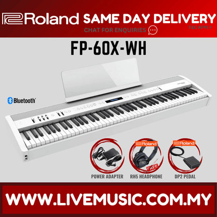 Roland FP-60X 88-key Digital Piano with Pedal, Note Stand, RH5 Headphone and Adapter - White ( FP60X / RH-5 )