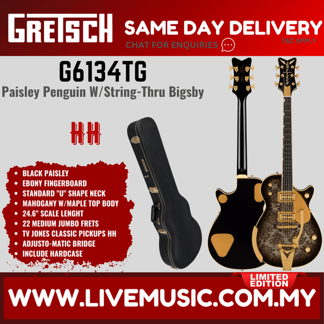 Gretsch G6134TG Limited Edition Paisley Penguin Electric Guitar w/String-Thru Bigsby, Black Paisley