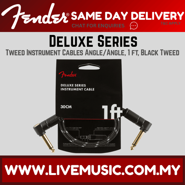 Fender Deluxe Series Angled Instrument Cable, 1ft, Black Tweed