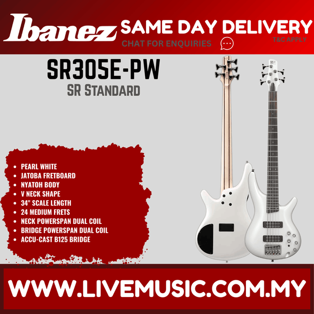Guitars & Basses Ibanez SR305E-PW SR Series 5-String Electric Bass, Pearl White (SR305E PW/SR305EPW)