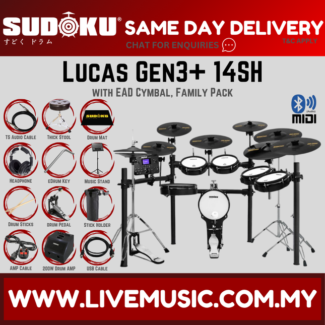 Black electronic drum set with EAD cymbal and included accessory bundle