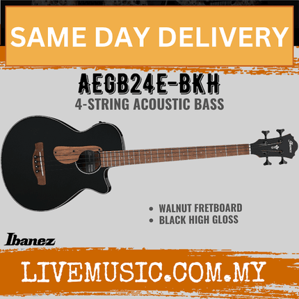 Black acoustic bass guitar with wooden neck and fretboard, 4-string body