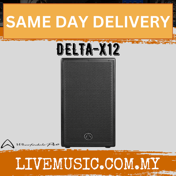 Single Delta-X12 passive loudspeaker cabinet with front mesh grille and logo