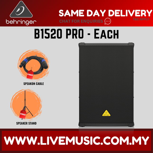 Behringer B1520 PRO 1200 Watt 15" Passive PA Loudspeaker w/Shure SV100 Vocal Microphone, Stand, Cable - Each ( B1520PRO / B-1520 PRO )