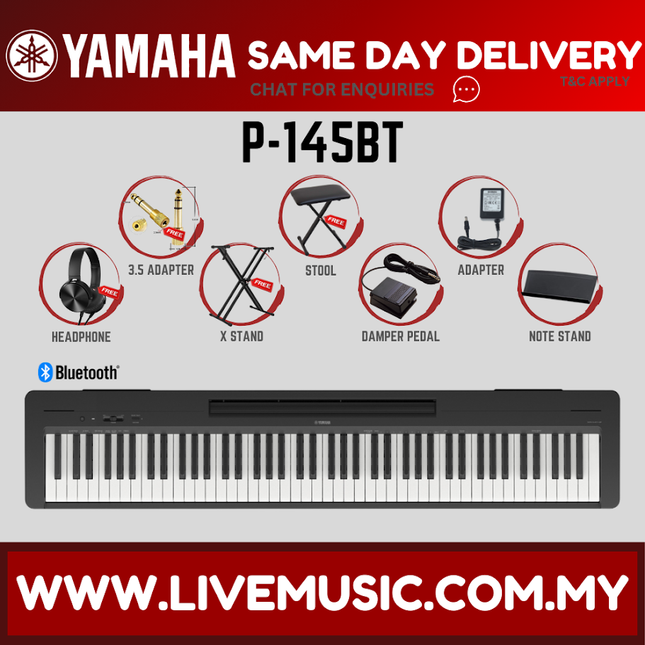 Yamaha P-145BT 88-Key Digital Piano w/Keyboard Bench, Headphone And Adapter - ( P145 P145BT P45 P-45 ) Replace P-145