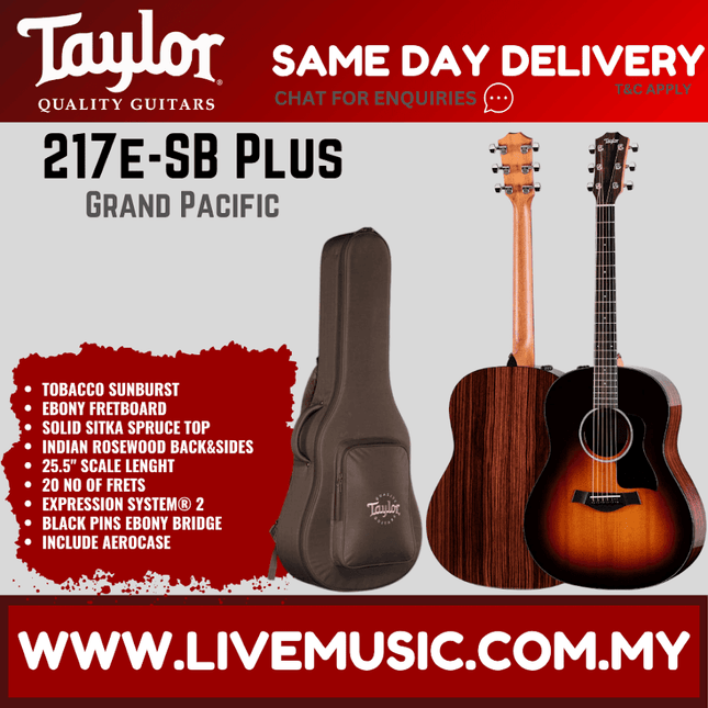 Taylor 217e-SB Plus Rosewood/Sitka Acoustic-Electric Guitar w/Case, Tobacco Sunburst