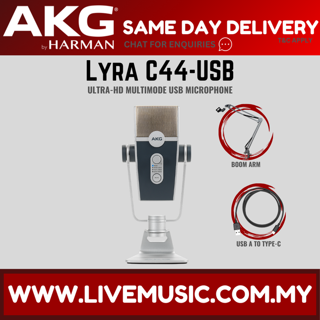 AKG C44-USB Lyra Ultra-HD Multimode USB Microphone with Free Boom Arm Stand (C44USB / C44 USB)