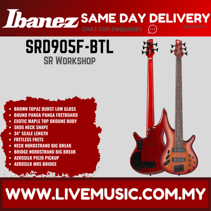 Ibanez SRD905F-BTL Sr Workshop Series 5 String Electric Bass, Brown Topaz Burst Low Gloss ( SRD905F BTL / SRD905FBTL )
