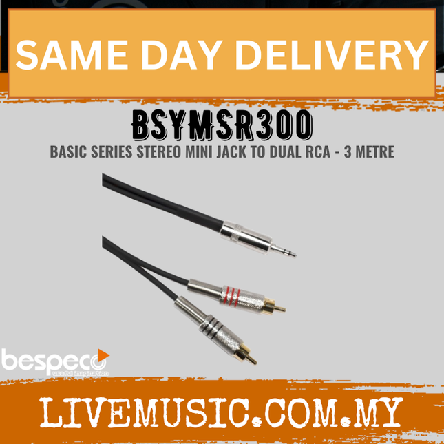 Bespeco BSYMSR300 3 Metres (3.5mm Stereo Jack – 2x RCA Male) Interlink Cable