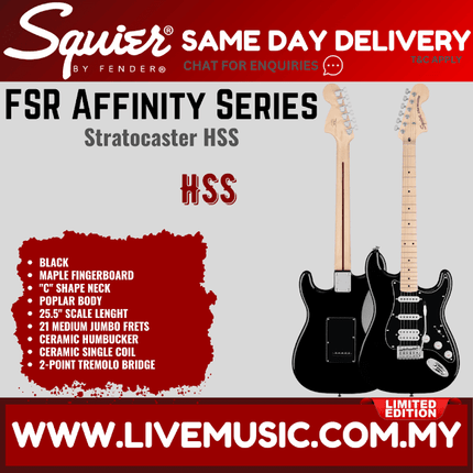 Squier FSR Affinity Series HSS Stratocaster Electric Guitar, Maple FB, Black