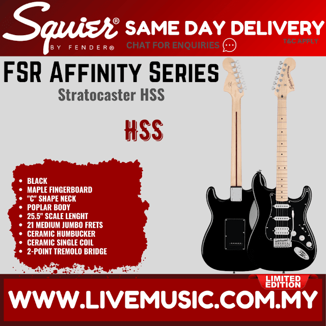Squier FSR Affinity Series HSS Stratocaster Electric Guitar, Maple FB, Black