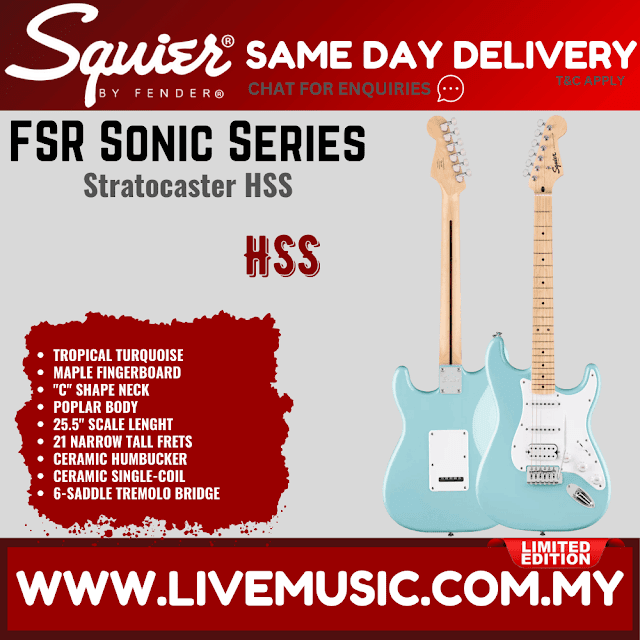 Squier FSR Sonic Stratocaster HSS Electric Guitar w/White Pickguard, Maple FB, Tropical Turquiose