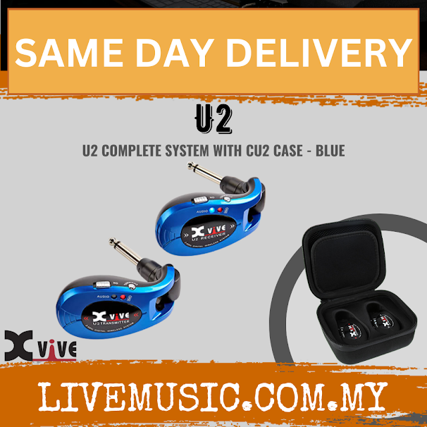 Blue Xvive U2 wireless guitar system with CU2 travel case, two units and open case.