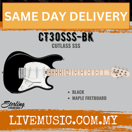 Sterling CT30SSS-BK-M1 Cutlass Series SSS Electric Guitar, Black (CT30 SSS/CT30-SSS)