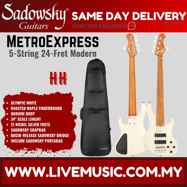 Sadowsky MetroExpress 24-Fret Modern 5-String Bass Guitar, Maple FB, Olympic White