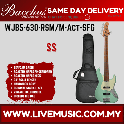 Bacchus WJB5-630-RSM/M-Act 5-Strings Bass Guitar, Roasted Maple Fretboard - Surf Green ( WJB5630RSM / WJB5 630 )