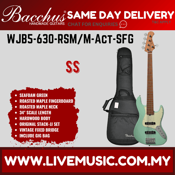 Bacchus WJB5-630-RSM/M-Act 5-Strings Bass Guitar, Roasted Maple Fretboard - Surf Green ( WJB5630RSM / WJB5 630 )