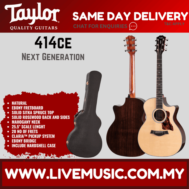 Natural acoustic guitar with black gig bag and tuning pegs, Taylor 414CE