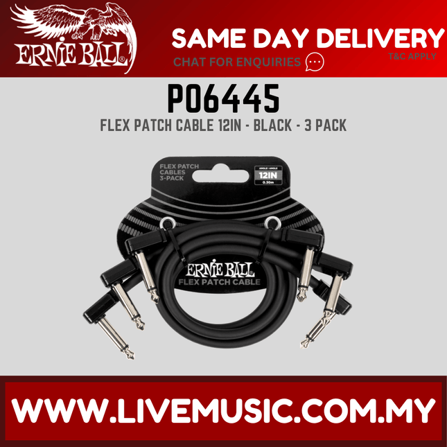 Ernie Ball P06445 FLEX Instrument Patch Cable 12 Inch Black, 3 Pack