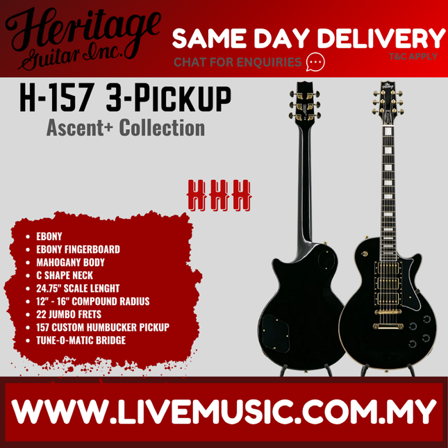 Heritage Ascent+ Collection H-157 3-Pickup Electric Guitar, Ebony ( H157 H 157 )